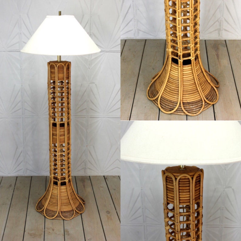 Vintage Rattan Floor Lamp Woven Bamboo Cane Wicker Bent Mid Etsy