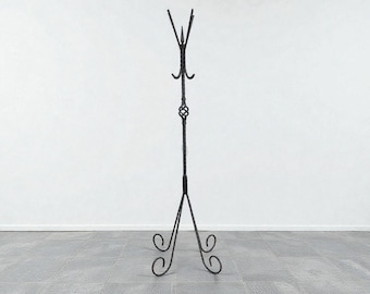 Antique Hammer Faceted Wrought Iron Coat Rack Early 1900's French Gothic Medieval Spanish Revival Scroll Base Twist Spear Hand Forged