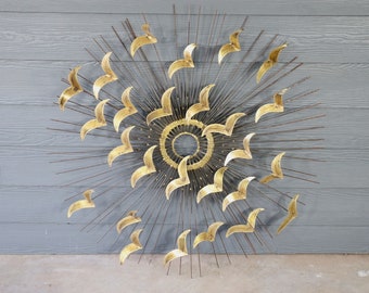 Mid Century Brutalist Birds in Flight Sunburst Wall Art Hanging by Willem Degroot Brass Metal Sculpture Modern Retro 50's 60's