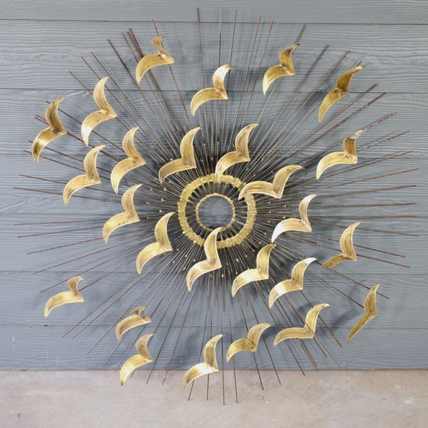 Mid Century Brutalist Birds in Flight Sunburst Wall Art Hanging by Willem Degroot Brass Metal Sculpture Modern Retro 50's 60's