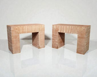 Vintage Pair Sarreid Stool Bench Table Stacked Striped Wood Made In Spain Minimalist Boho Chic Japandi