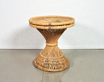 Vintage Wicker Rattan Emmanuelle Peacock Ottoman or Table Woven Pattern Cane 70's Retro Mid Century Modern Eclectic Boho Weave Foot Stool