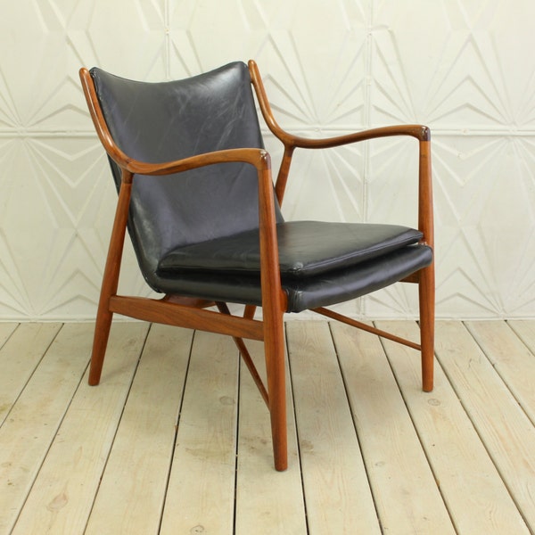 Finn Juhl 45 Teak Frame Chair by Baker NEW LEATHER Upholstery Mid Century Modern Retro 50's 60's NV Niels Vodder Danish Denmark