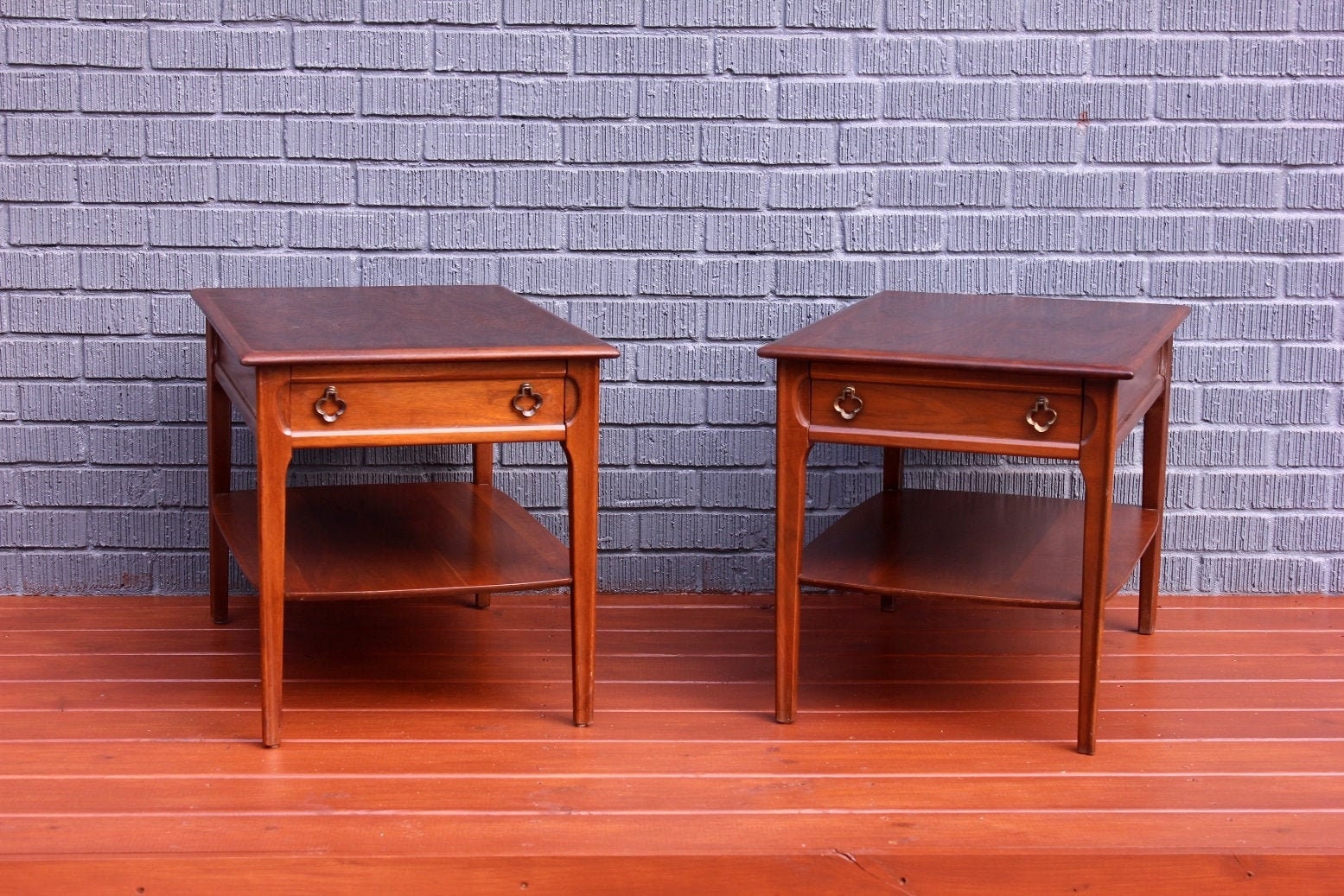 Mid Century Pair Mersman Side Table Walnut Modern Clover Drawer