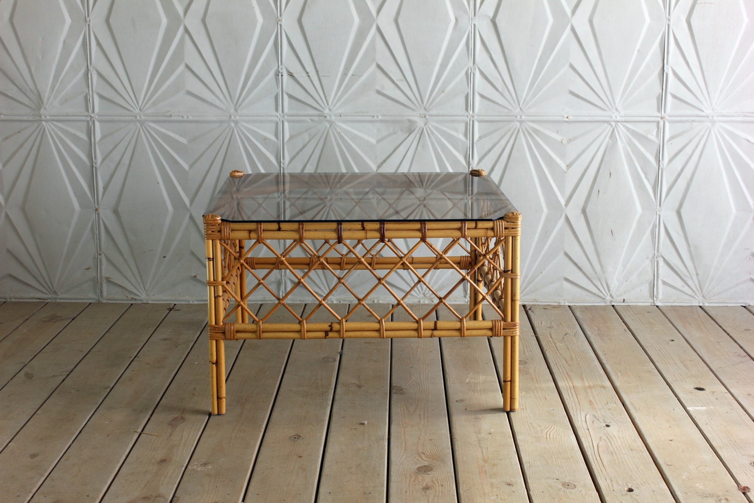 Vintage Rattan Glass Coffee Table Bamboo Square 60's Etsy