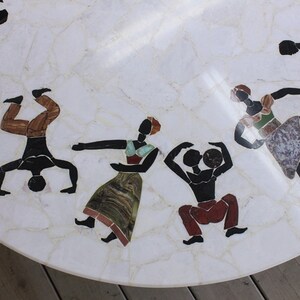 Vintage Large Pietra Dura Specimen Marble Stone Inlay Coffee Table Tripod Iron Base African Tribal People Mid Century Modern Atomic Carrara image 6