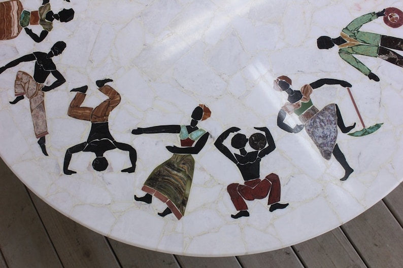 Vintage Large Pietra Dura Specimen Marble Stone Inlay Coffee Table Tripod Iron Base African Tribal People Mid Century Modern Atomic Carrara image 6