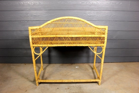 Vintage Wicker Rattan Vanity Table Makeup Emmanuelle Peacock Style