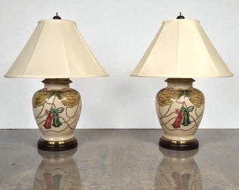 Vintage Pair Wildwood Hand Painted Ceramic Tassel Table Lamps 80's 90's Hollywood Regency Neoclassical Traditional