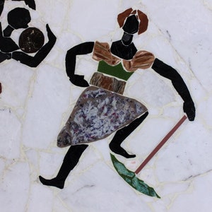 Vintage Large Pietra Dura Specimen Marble Stone Inlay Coffee Table Tripod Iron Base African Tribal People Mid Century Modern Atomic Carrara image 8
