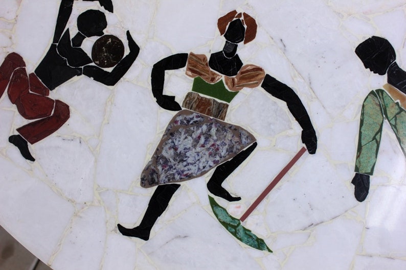 Vintage Large Pietra Dura Specimen Marble Stone Inlay Coffee Table Tripod Iron Base African Tribal People Mid Century Modern Atomic Carrara image 8