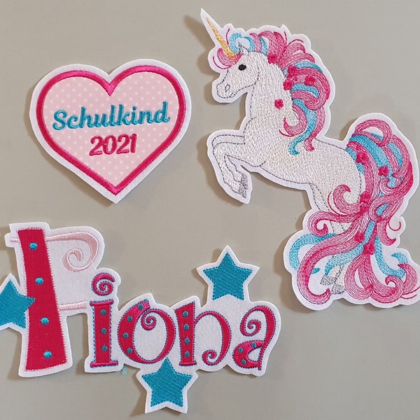 SET -  Namensapplikation Schriftzug  XL Einhorn & Herz Schulkind 2021 - ideal auf die Schultüte - Wunsch-Applikation  Name/Farbe