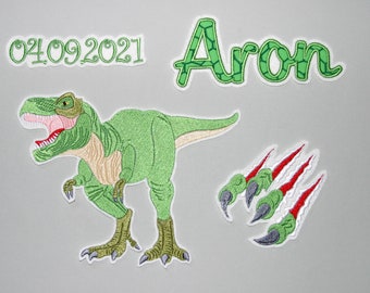 XXL SET - Namensapplikation Schriftzug + Dino T-Rex + Sterne - ideal auf die Schultüte - Wunsch-Applikation  Name/Farbe