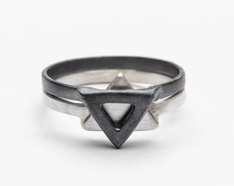 2-Piece Sterling Triangular Ring | Silver & Oxidized (Black) Silver Jewish Star of David (Magen David) Rings | Women's Double Geometric Ring