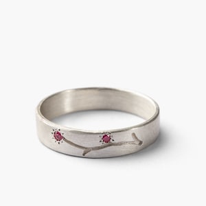 Romantic Sterling Silver, Natural  Ruby Gemstone Band with Hand-Engraved  Flower | Promise/Engagement/Wedding Ring for Her