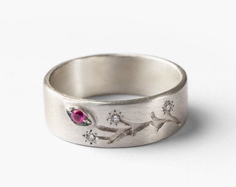 Romantic Sterling Silver, Natural Diamonds and Ruby Gemstone Band with Hand-Engraved Tulip Flower | Promise/Engagement/Wedding Ring for Her