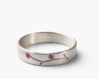 Romantic Sterling Silver, Natural  Ruby Gemstone Band with Hand-Engraved  Flower | Promise/Engagement/Wedding Ring for Her