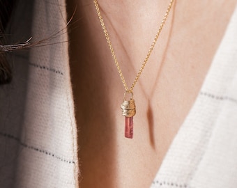 14K Solid Gold Floral Pink Tourmaline Pendant- Necklace, Gift for Her, Valentine's Day, Christmas Gift