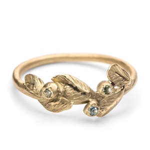 18K or 14K Solid Gold Sapphire Leaf Ring, Botanic engagement Ring , Sapphire Gold Ring , Leaf Band, nature Band image 1