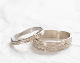 14k Solid White Gold Wedding Bands His and Hers, Matching Wedding Rings, Floral Band, Olive Leaves Ring for Women and Men