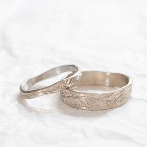 14k Solid White Gold Wedding Bands His and Hers, Matching Wedding Rings, Floral Band, Olive Leaves Ring for Women and Men