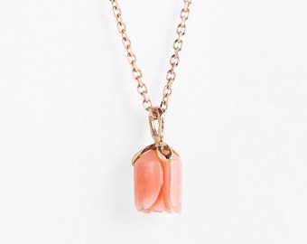 14k Solid Rose Gold Pendant, Minimalist Rose Necklace Charm, Pink Coral Rose Bud Flower Pendant Necklace