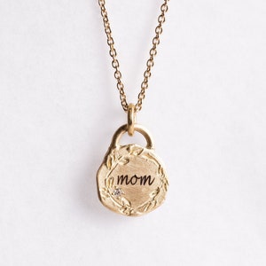 14k Solid Gold Coin Personalized Pendant Necklace, Tiny Diamond Mom Coin Necklace Customized Initials / Monogramed Pendant image 5