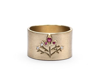 14K Solid Gold Botanical Wide lotus flower Wedding Ring, Women Wide Diamonds & Natural Ruby Gemstone Band, Engraved flower Ring