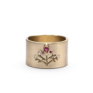 14K Solid Gold Botanical Wide lotus flower Wedding Ring, Women Wide Diamonds & Natural Ruby Gemstone Band, Engraved flower Ring