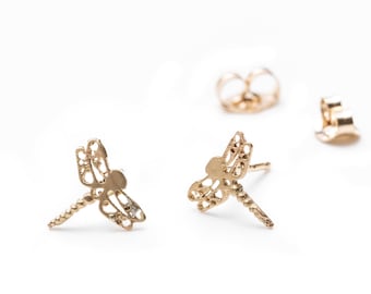 Dragonfly 14K Gold Filigree Stud Earrings For Girls and Teens, Small Dainty Solid Gold Earrings