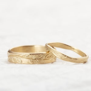 Paar Ring Set, 14k Solid Gold handgefertigt gravierte Olivenblätter Eheringe