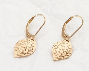 14k Solid Gold Dangle Leaf Earrings, Beautiful gold dangle earrings, Matte finish, Gift For Her