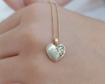 Unique Birthstone diamond Heart Necklace, 14k solid Yellow Gold leaf engraving Heart Necklace, Women Gold Jewelry, Gifts For Her