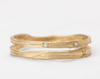 14K Gelbgold Organic Wrap Ehering, Verlobungsring mit kleinen Diamanten, einzigartiger Ring für Sie