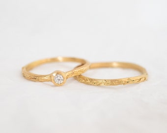 18K Solid Yellow Gold Diamond Thyme Branch Engagement Ring Set, Nature Inspired Wedding Ring Set