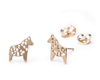 14K Gold Filigree Pony Stud Earrings, 14K Yellow Solid Gold Horse Dainty Earrings for Girls and Teens, Gift for Xmas