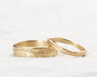 14k Solid Yellow Gold Wedding Bands His and Hers, Matching Wedding Rings, Floral Band, Olive Leaves Ring for Women and Men