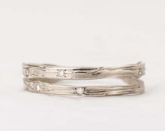 14K white Gold Twig Small Diamonds Wedding Ring, Leaf Engraving Ring, Unique Ring For Her, Ready To Ship