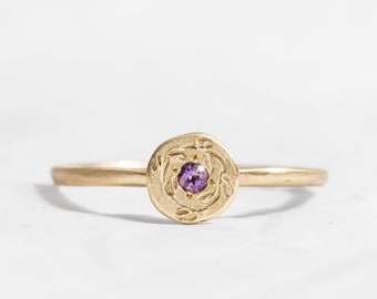 14K  Solid yellow Gold Birthstone Wreath Crown Engraved Ring, Floral Ring, Gift For Women And Girl