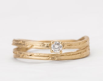 Double Band 14K Gold Diamond and Leaf Engraving Ring