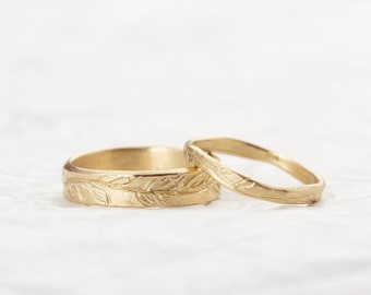 Couple Ring Set, 14k Solid Gold handmade engraved Olive Leaves Wedding Bands