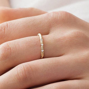 Unique 14K Thick Solid Stacking Wedding Engagement Ring, 14k Handmade Diamond Ring,  woman Gold ring