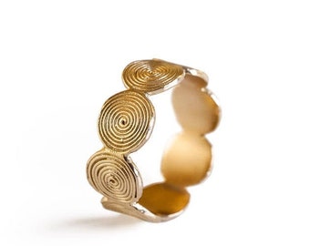 Grande anello a spirale greca in oro massiccio 18 carati, fede nuziale ampia e unica, anelli realizzati a mano, fede nuziale etnica da donna