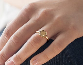 Circle 14K / 18K Solid Yellow Gold Small Diamonds Signet Ring, Custom Engraved Gold Ring, Gift For Her