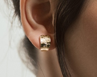 Fine Unique 14K or 18K Solid Gold Huggie Stud Earrings | Elegant and Beautiful Special-Occasion Earrings | Hand Engraved Yellow Gold Jewelry