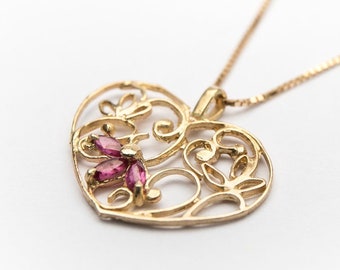 14k Gold Filigree Heart Necklace, Unique Heart Pendant Necklace, Yellow Gold Ruby Necklace, mother's Day, Ruby Heart Necklace, Gift For Her