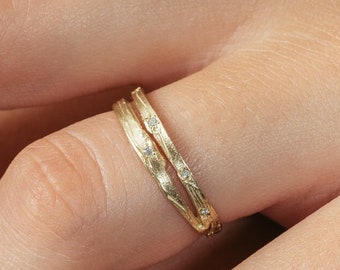 14K Yellow Gold Organic Wrap Wedding Ring, Small Diamonds engagement Ring, Unique Ring For Her