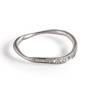 14K White Gold Half Eternity Diamond Ring, Unique Thin Wave Engagement Ring For Women, Minimalist Jewelry, Anniversary Gifts