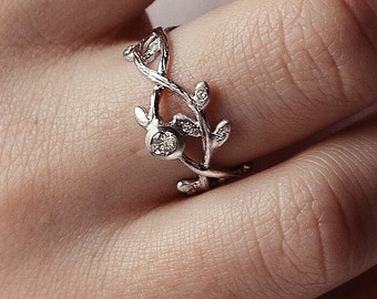 Nature-Inspired Multi Diamond Solid White Gold Engagement/Wedding Ring, Leaf Branch Promise Ring For Her