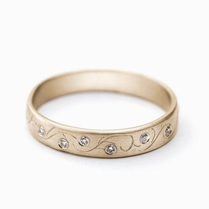 14K Solid Gold Ring, White Gold Diamonds Rings, Unique Wedding Bands, Art Nouveau Ring, Leaf Wedding Band, Dainty Rings For Women
